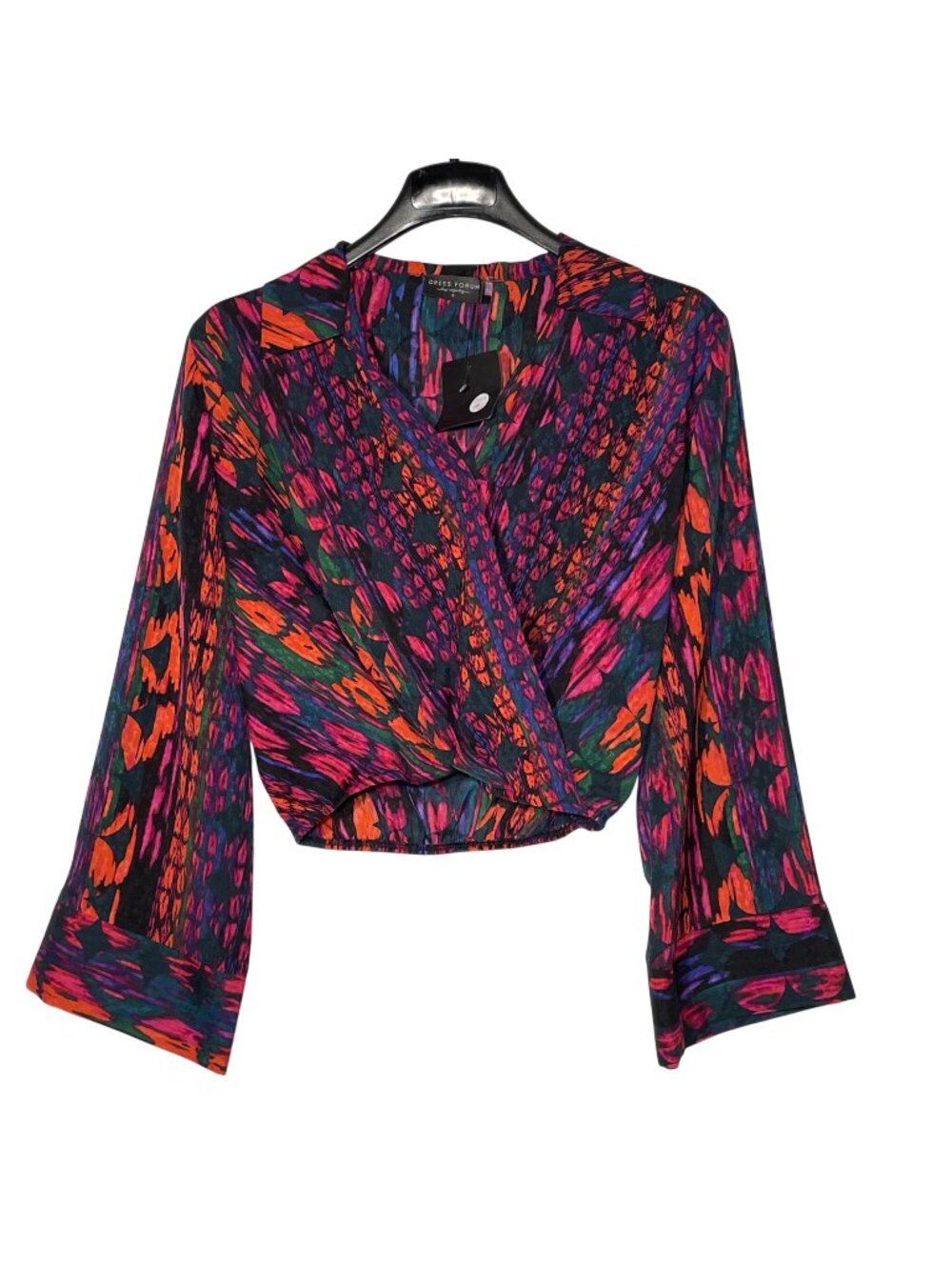 Dress Forum Faux Wrap Cropped Abstract Statement Wide Sleeve Top Sz SM